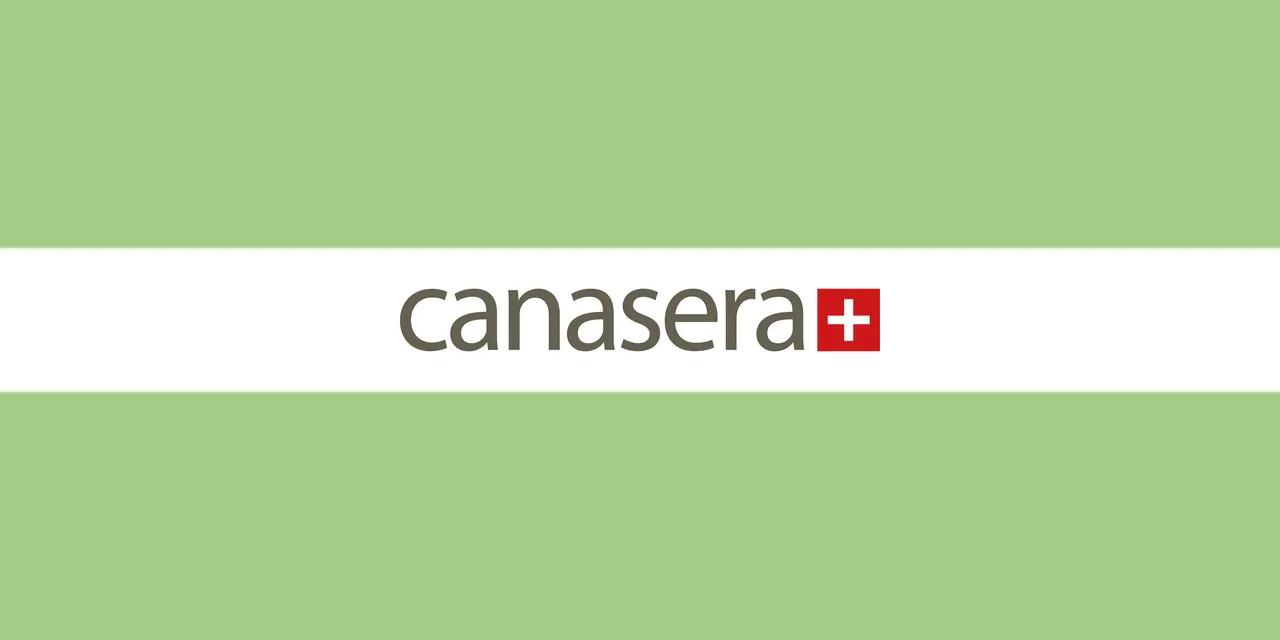 Canasera wordmark and red square with a white cross logo, on a white horizontal band against a mid-green field.