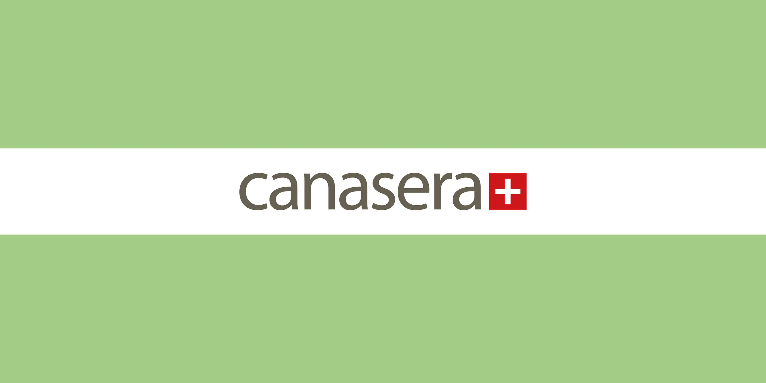 Canasera wordmark and red square with a white cross logo, on a white horizontal band against a mid-green field.