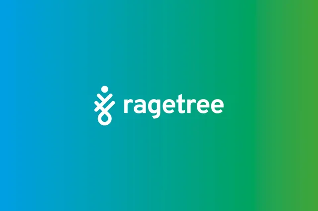 Ragetree logo and wordmark lockup in white on a blue to green gradient background