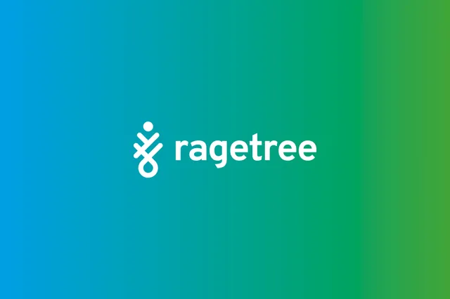 Ragetree logo and wordmark lockup in white on a blue to green gradient background