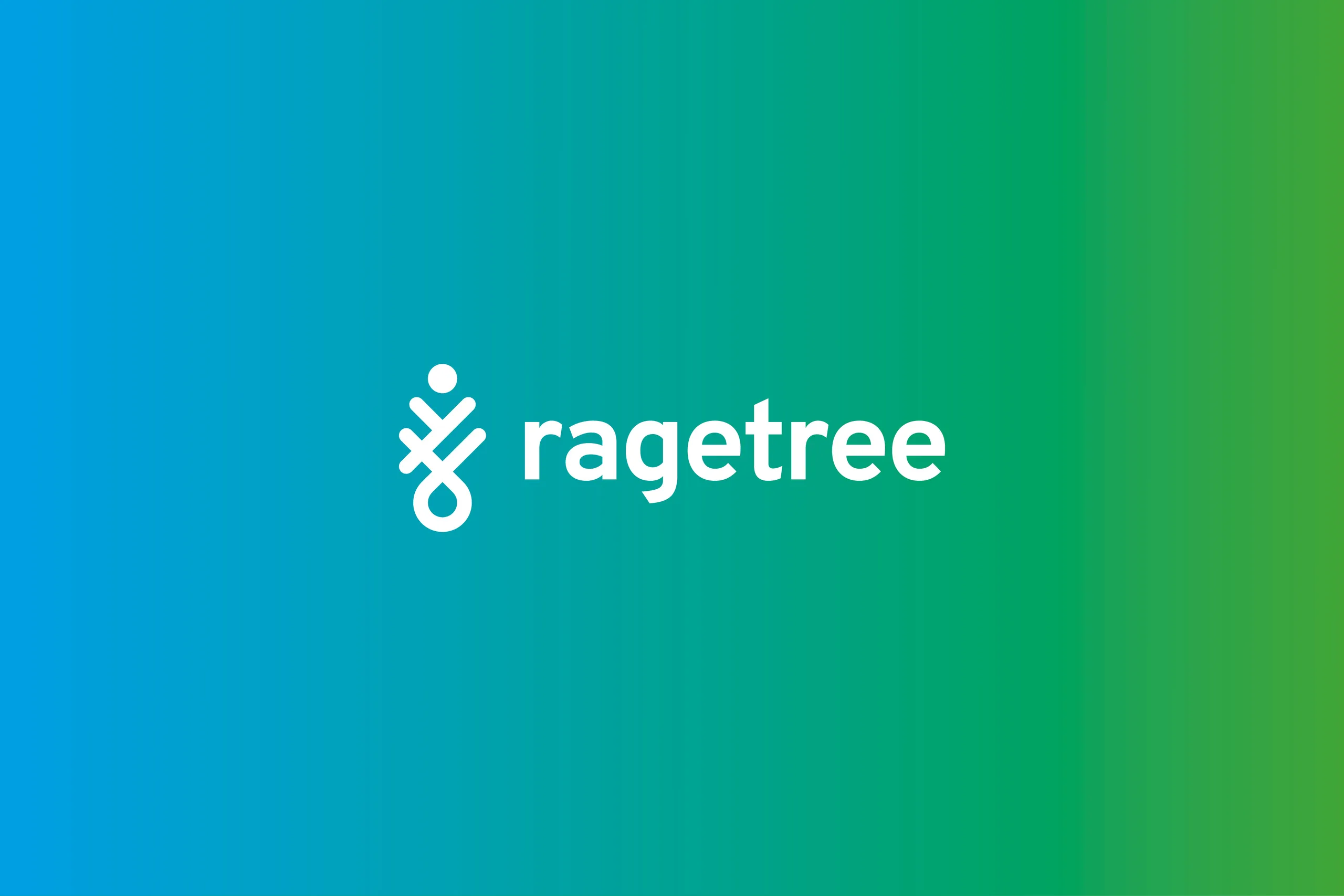 Ragetree logo and wordmark lockup in white on a blue to green gradient background