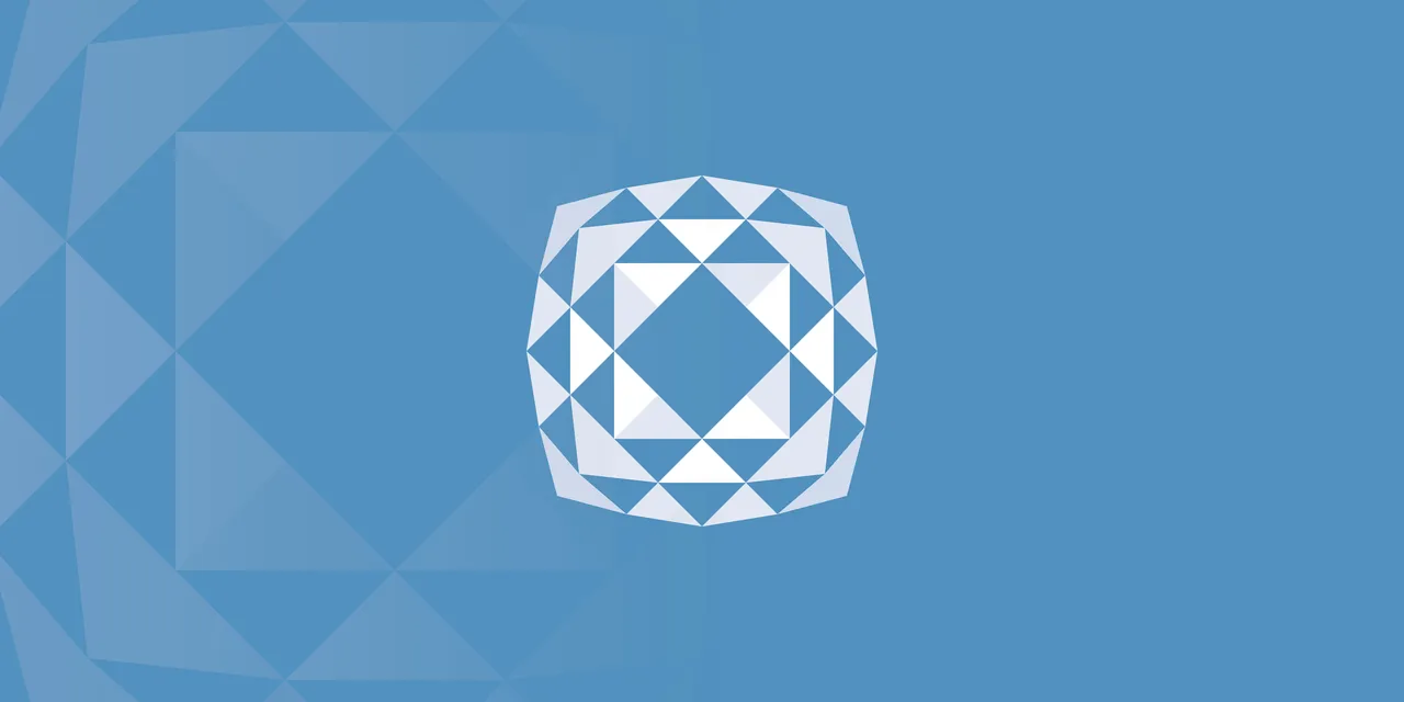 Trove logo consisting of three tiers of triangles arranged in a shape reminiscent of a cushion cut diamond, placed around a central vertically aligned diamond-shaped white space, in white on a mid-blue field