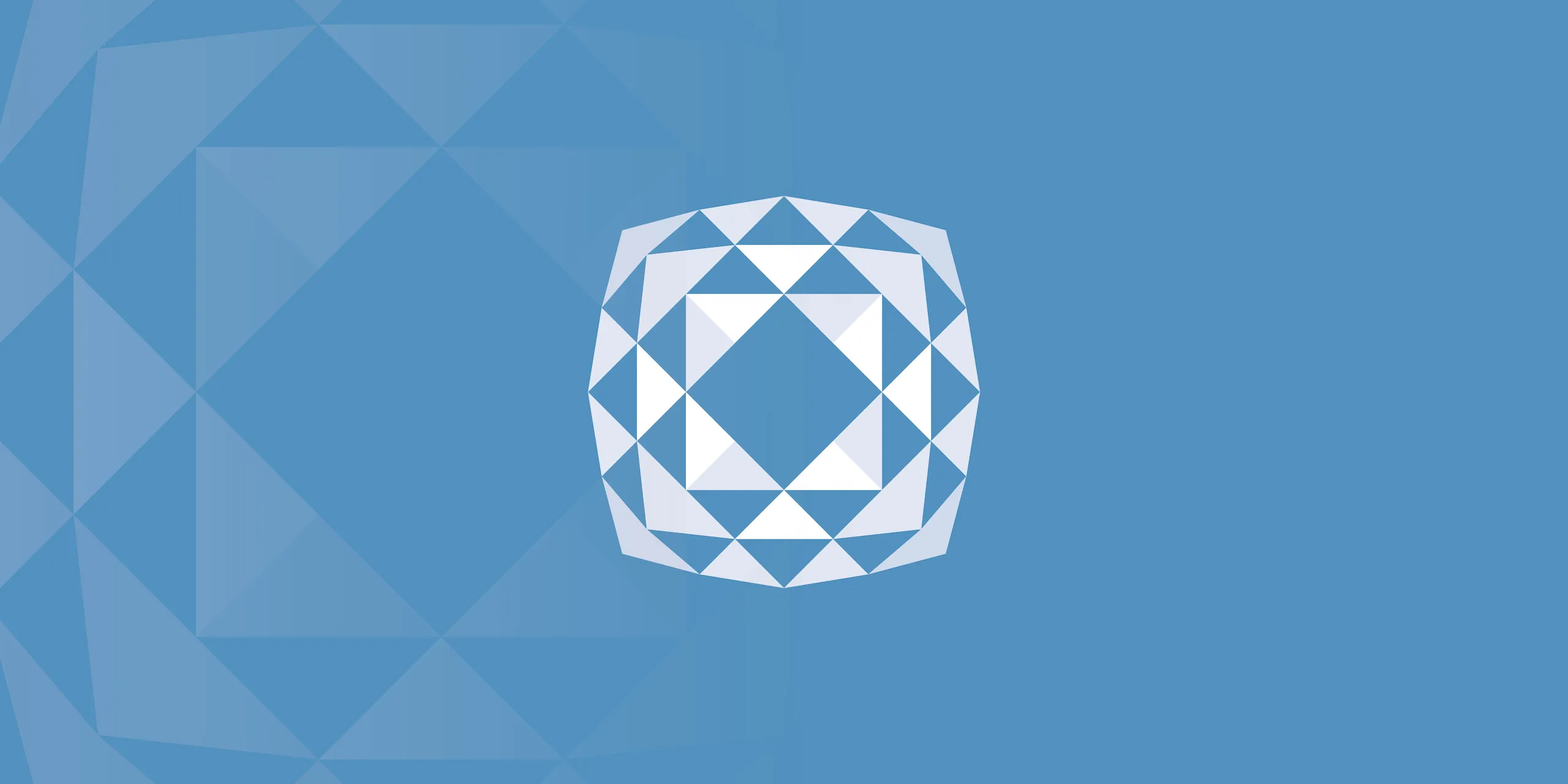 Trove logo consisting of three tiers of triangles arranged in a shape reminiscent of a cushion cut diamond, placed around a central vertically aligned diamond-shaped white space, in white on a mid-blue field