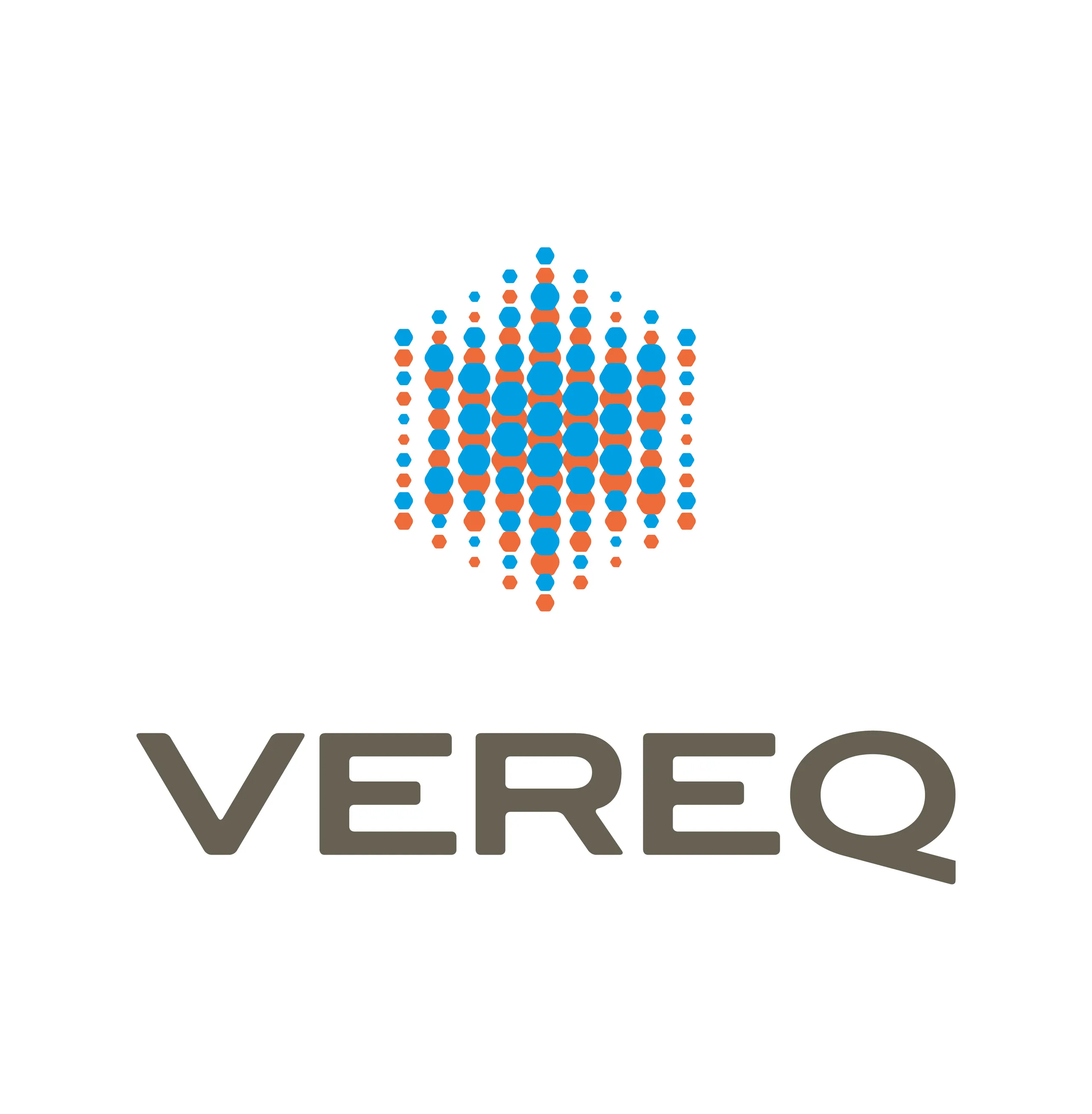 Verq vertical logo lockup in orange and cyan with a dark grey wordmark on a white field