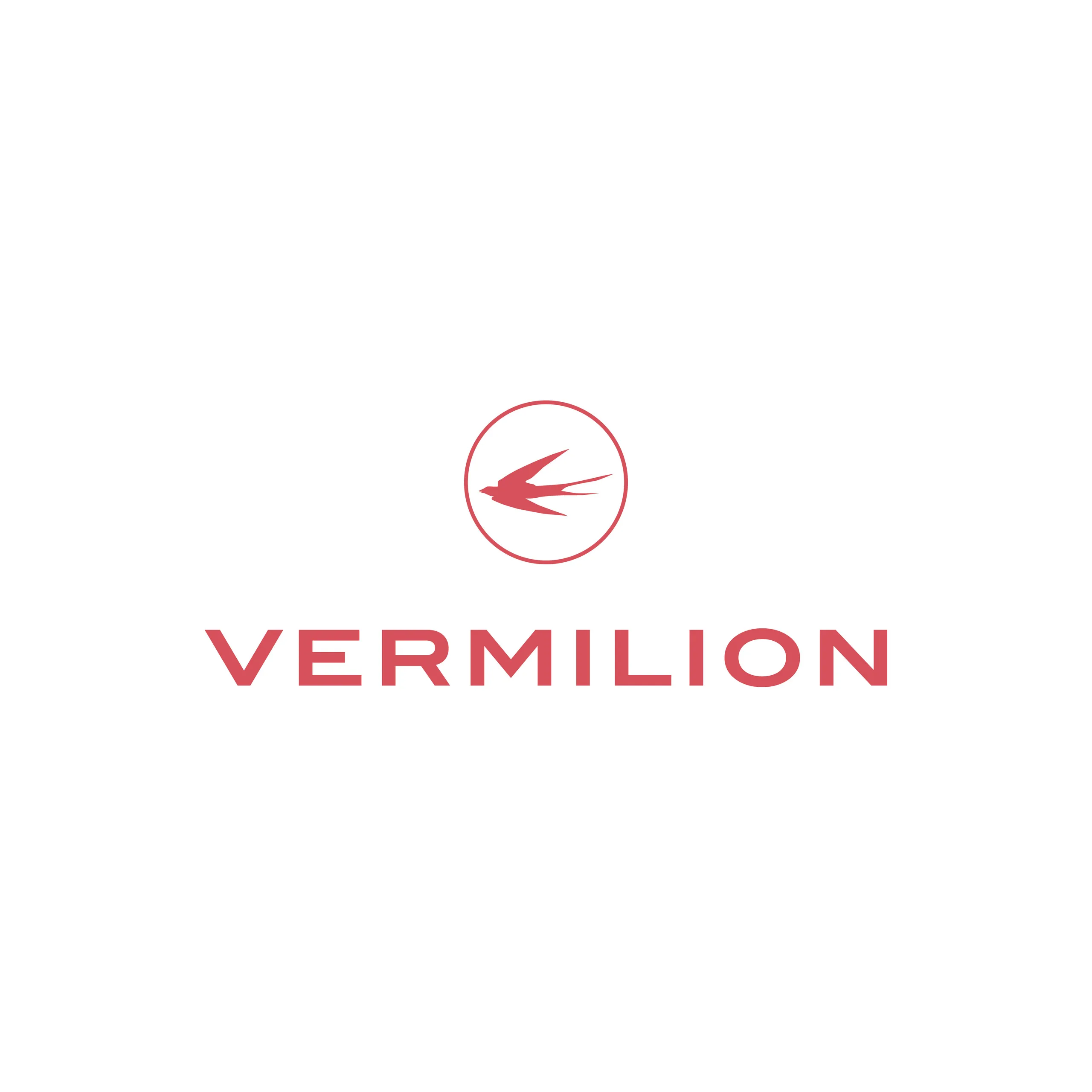 Vermilion vertical logo lockup in red on a white field