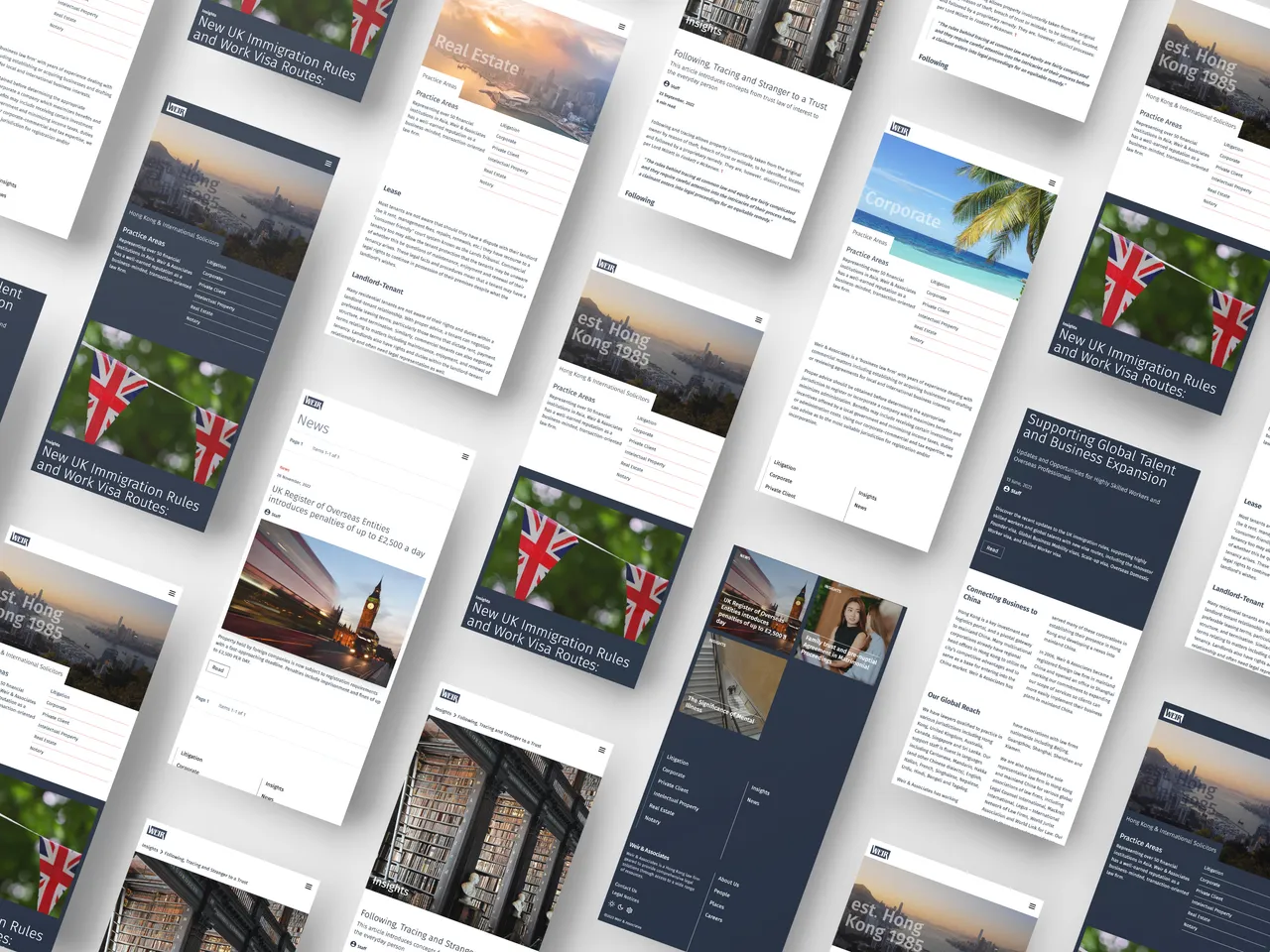 A collection of mobile screens from new Weir & Associates website, arranged tiled on an angle with the top towards the upper right.